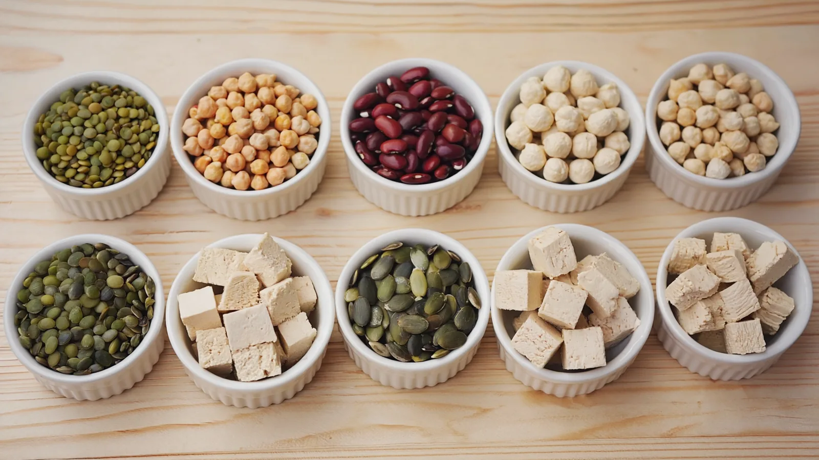 Sources de protéines végétales : lentilles, pois chiches, haricots, tofu et graines