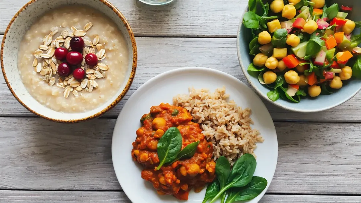 Journée type de repas riches en protéines végétales, du porridge au dahl