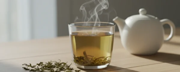 Thé vert : 7 bienfaits et comment bien le préparer 20 Tasse de thé vert fraîchement infusé avec feuilles en vrac sur une table claire