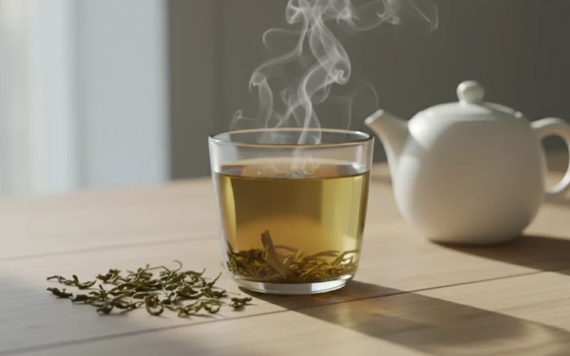 Tasse de thé vert fraîchement infusé avec feuilles en vrac sur une table claire