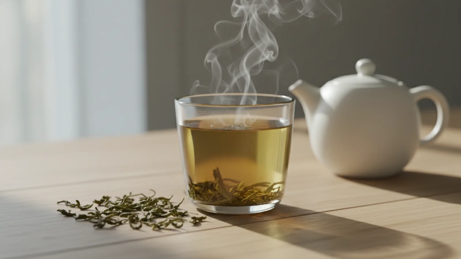 Tasse de thé vert fraîchement infusé avec feuilles en vrac sur une table claire