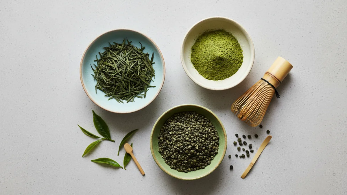 Trois coupelles de thé vert : sencha en feuilles, matcha en poudre et gunpowder