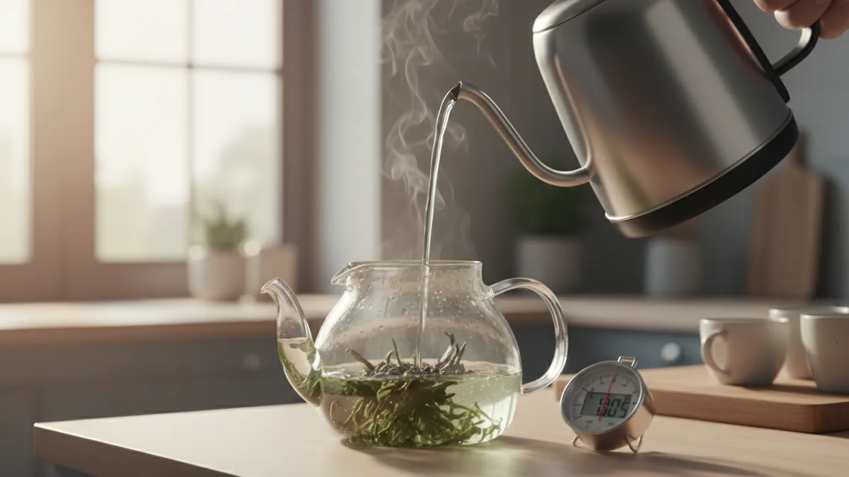 Eau versée sur des feuilles de thé vert dans une théière en verre