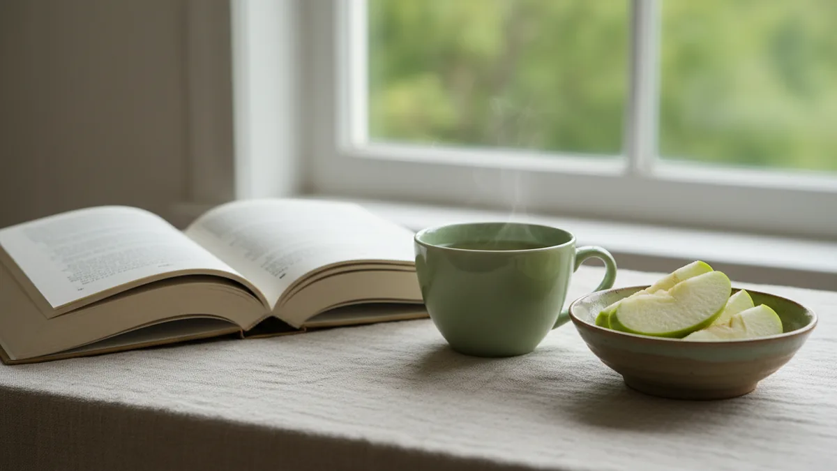 Tasse de thé vert posée près d'un livre ouvert et de tranches de pomme verte
