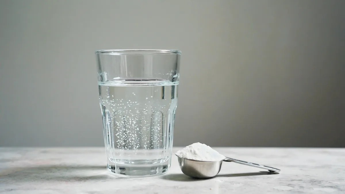 Bicarbonate de soude : 6 bienfaits et le verdict définitif 3 Verre d'eau effervescent et cuillère doseuse de bicarbonate de soude