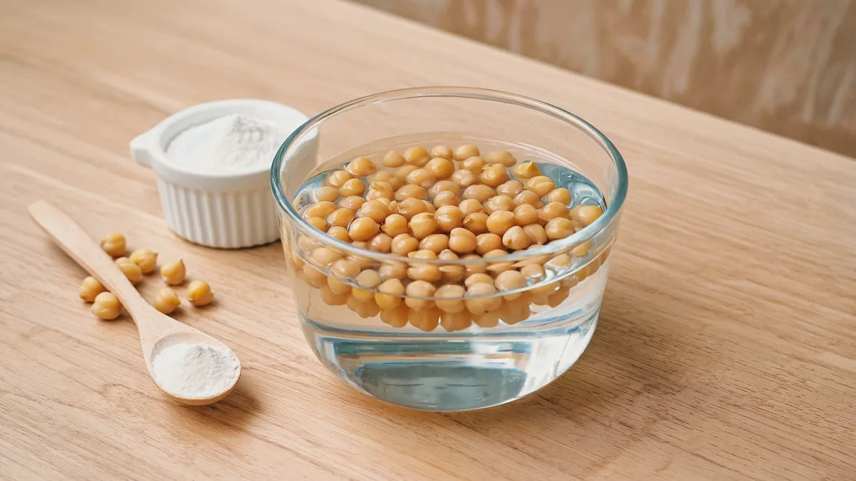 Bicarbonate de soude : 6 bienfaits et le verdict définitif 4 Pois chiches en trempage avec un ramequin de bicarbonate de soude