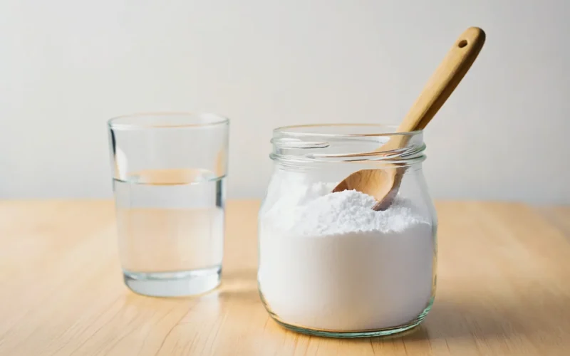 Bicarbonate de soude : 6 bienfaits et le verdict définitif 1 Bicarbonate de soude dans un bocal en verre avec une cuillère en bois et un verre d'eau