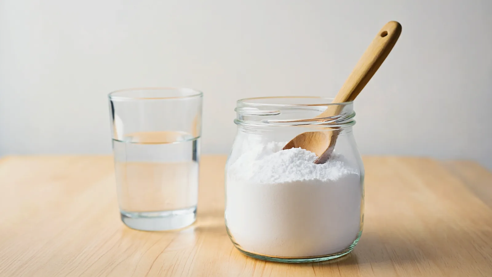 Bicarbonate de soude : 6 bienfaits et le verdict définitif 2 Bicarbonate de soude dans un bocal en verre avec une cuillère en bois et un verre d'eau