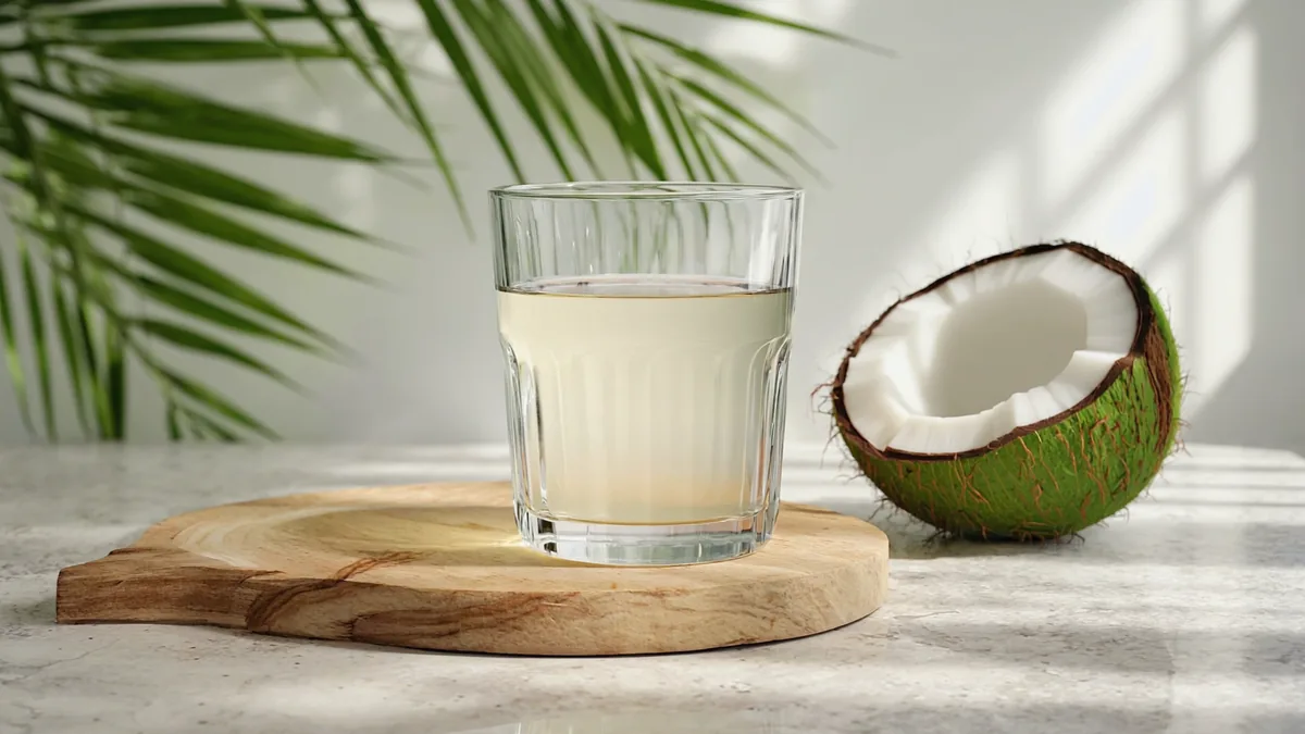Eau de coco : 5 bienfaits réels et le comparatif essentiel 3 Verre d'eau de coco translucide à côté d'une demi-noix de coco verte