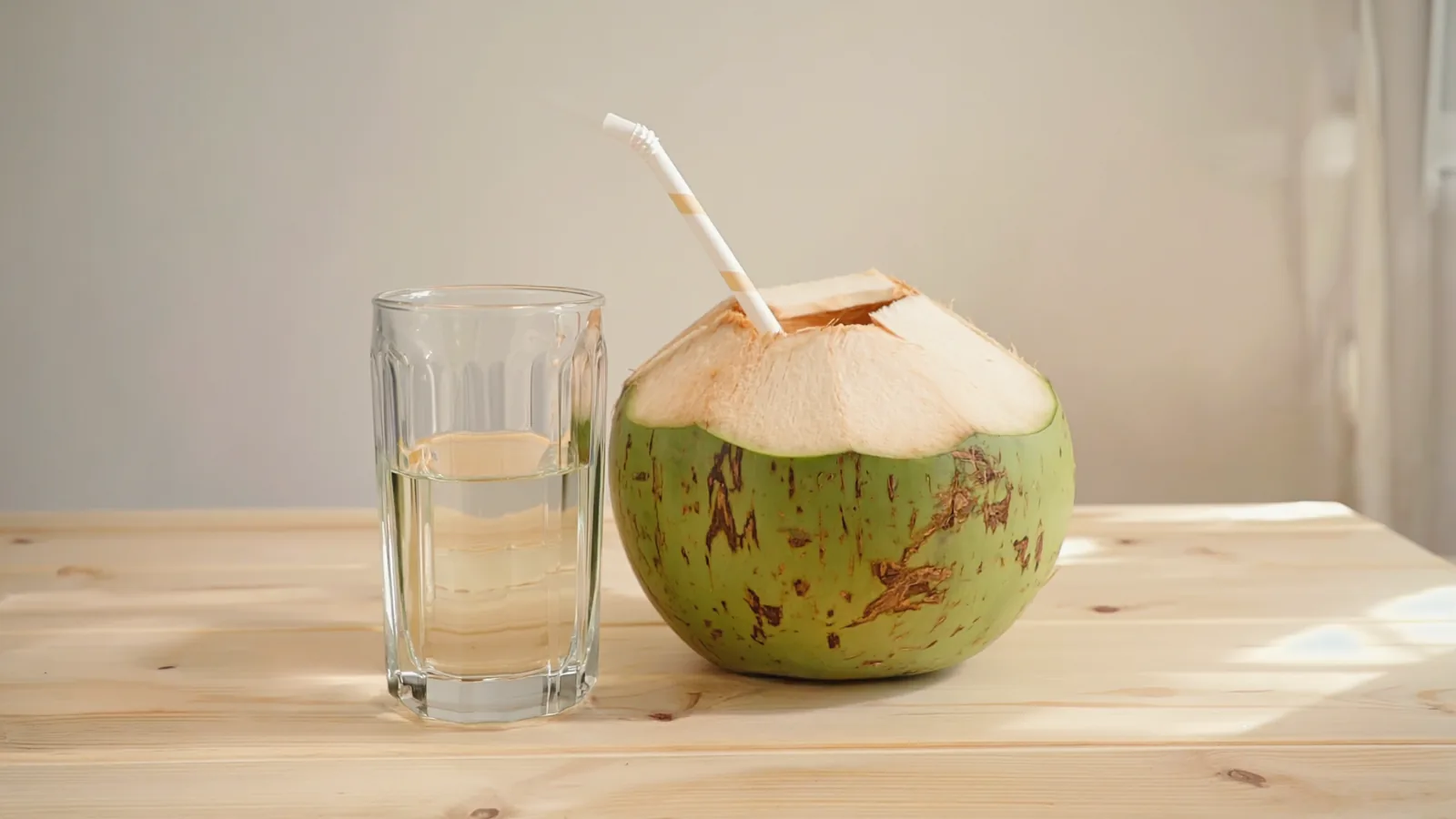 Eau de coco : 5 bienfaits réels et le comparatif essentiel 2 Eau de coco servie dans un verre à côté d'une noix de coco verte ouverte