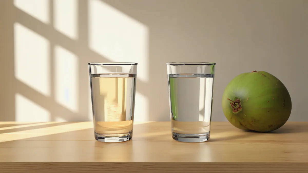 Eau de coco : 5 bienfaits réels et le comparatif essentiel 5 Un verre d'eau de coco et un verre d'eau claire côte à côte sur une table