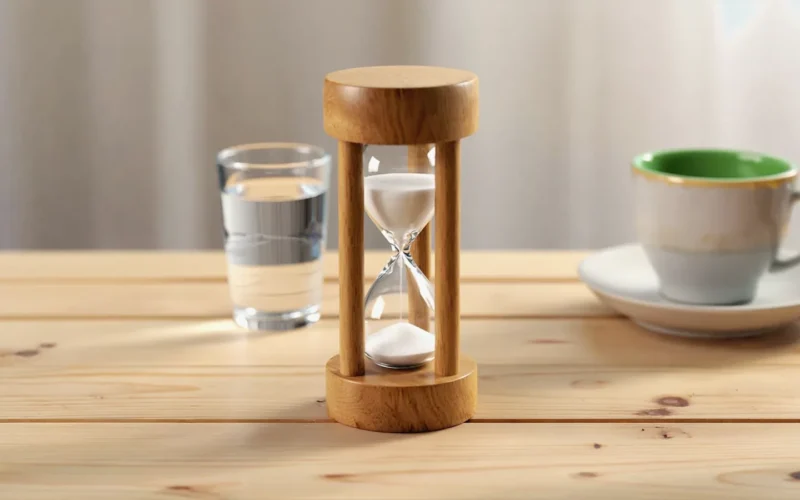 Jeûne intermittent : sablier en bois, verre d'eau et tasse de thé sur une table claire