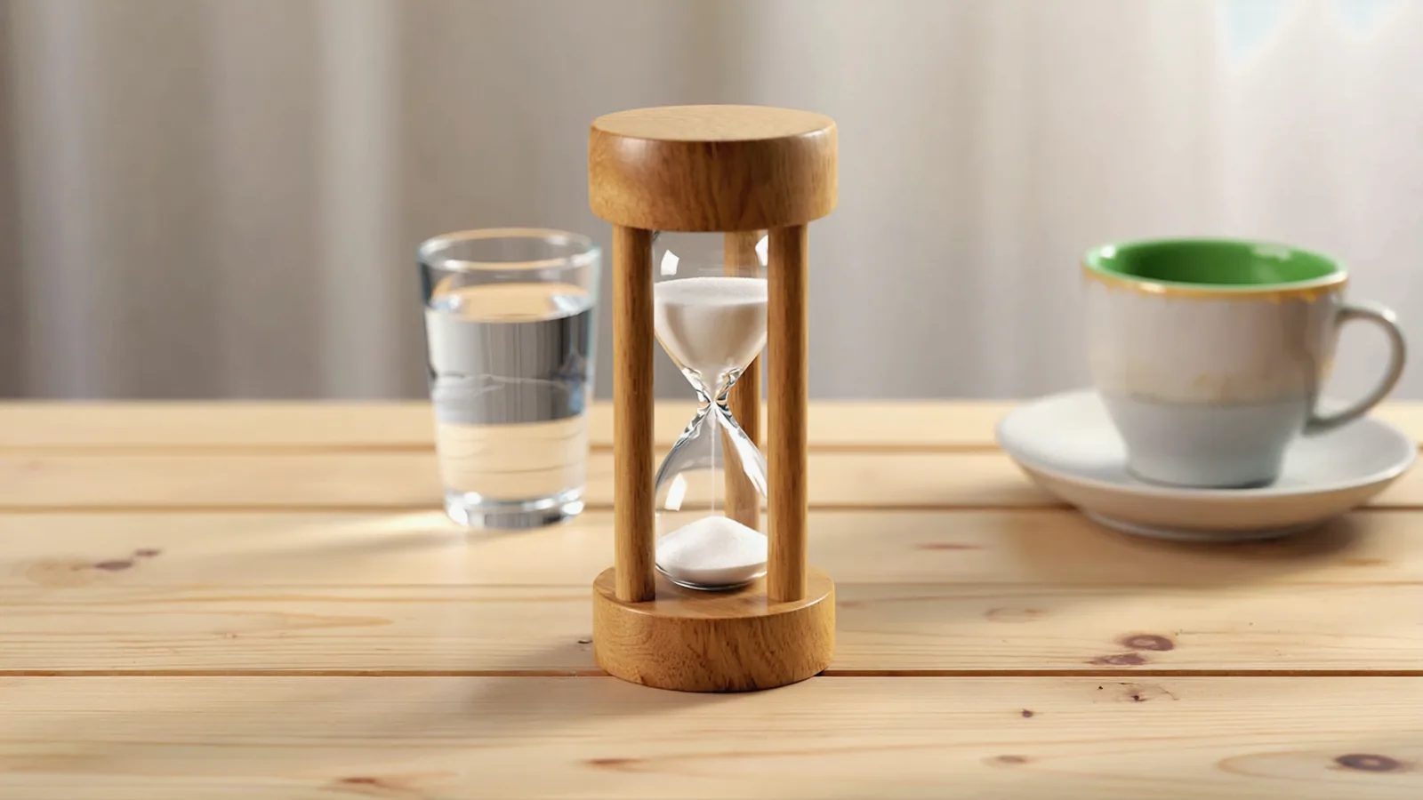 Jeûne intermittent : sablier en bois, verre d'eau et tasse de thé sur une table claire