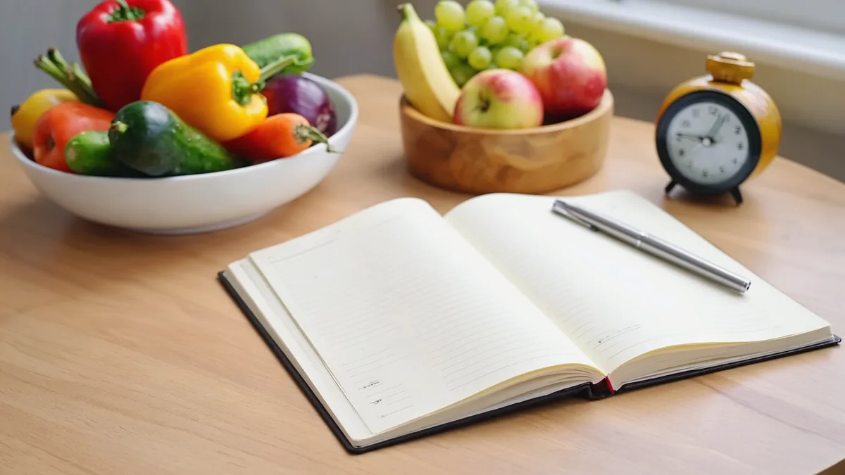 Bols de légumes et de fruits frais à côté d'un carnet pour organiser son jeûne intermittent