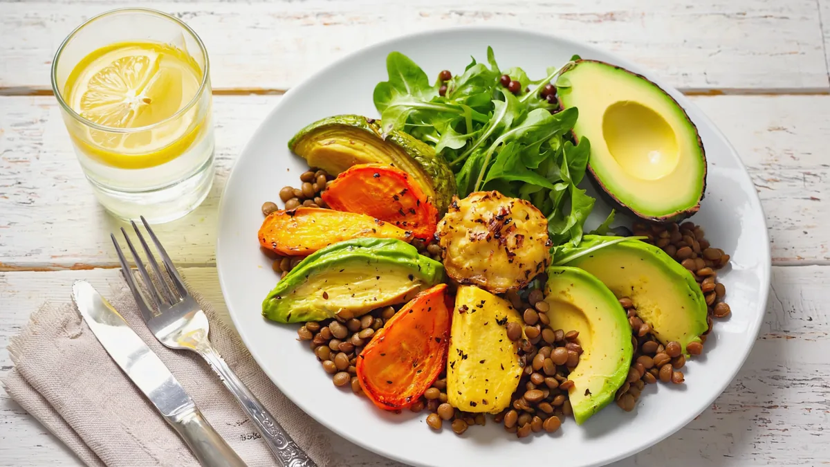 Assiette de légumes, avocat et lentilles pour rompre un jeûne intermittent